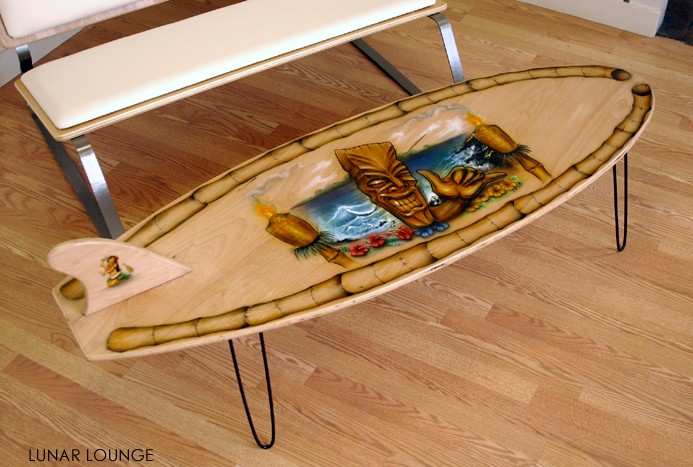 Surfboard Coffee Table with 16 Hair Pin Legs and Fins 